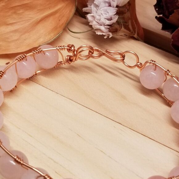 Handmade Rose Quartz Wire Wrapped Bracelet Copper Tone Healing Jewelry - Picture 6 of 6
